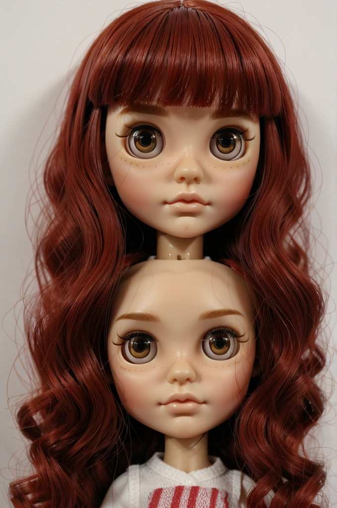 Blythe doll black eyes, micro bangs, red hair, wavy hair
