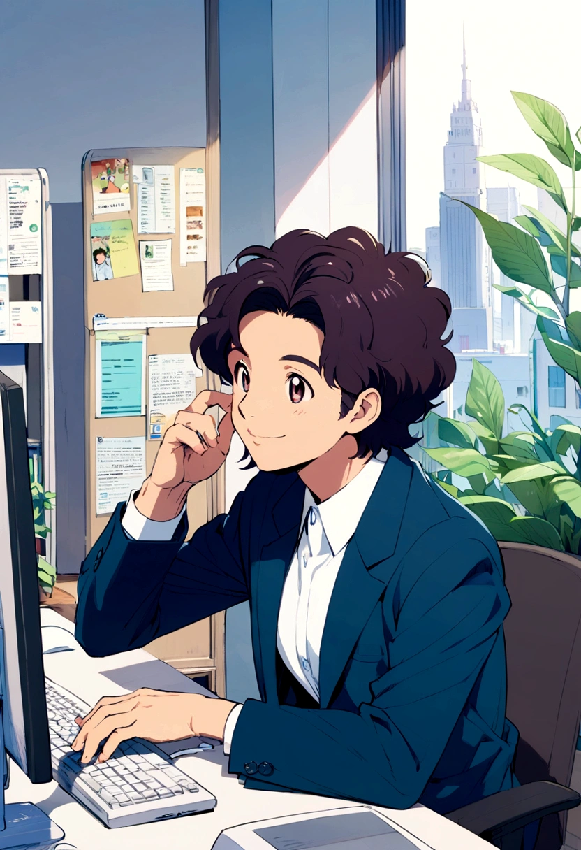 Ghibli anime characters,male,suit,smile,I'm using a computer,office