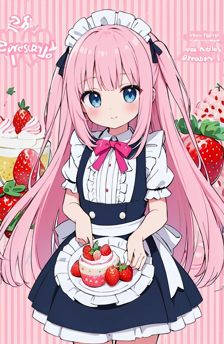 (masterpiece、Highest quality、Highest quality、Beautiful and aesthetic:1.2)、Droopy eyes、White Tone、Wavy Hair、One Girl、Bibi-chan、(Digital anime art:1.Blue Eyes、Pink Hair、イチゴ🍓の髪飾り、A cute pink maid outfit reminiscent of a strawberry parfait、Pink flavor