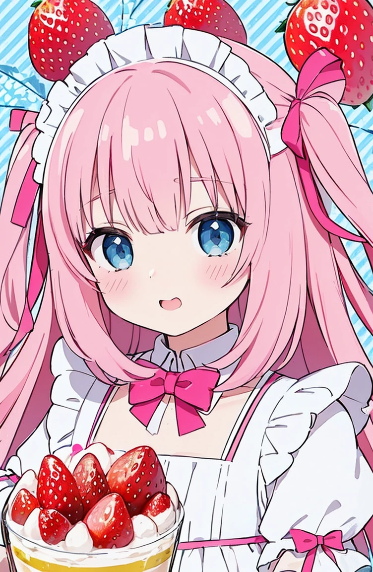 (masterpiece、Highest quality、Highest quality、Beautiful and aesthetic:1.2)、Droopy eyes、White Tone、Wavy Hair、One Girl、Bibi-chan、(Digital anime art:1.Blue Eyes、Pink Hair、イチゴ🍓の髪飾り、A cute pink maid outfit reminiscent of a strawberry parfait、Pink flavor