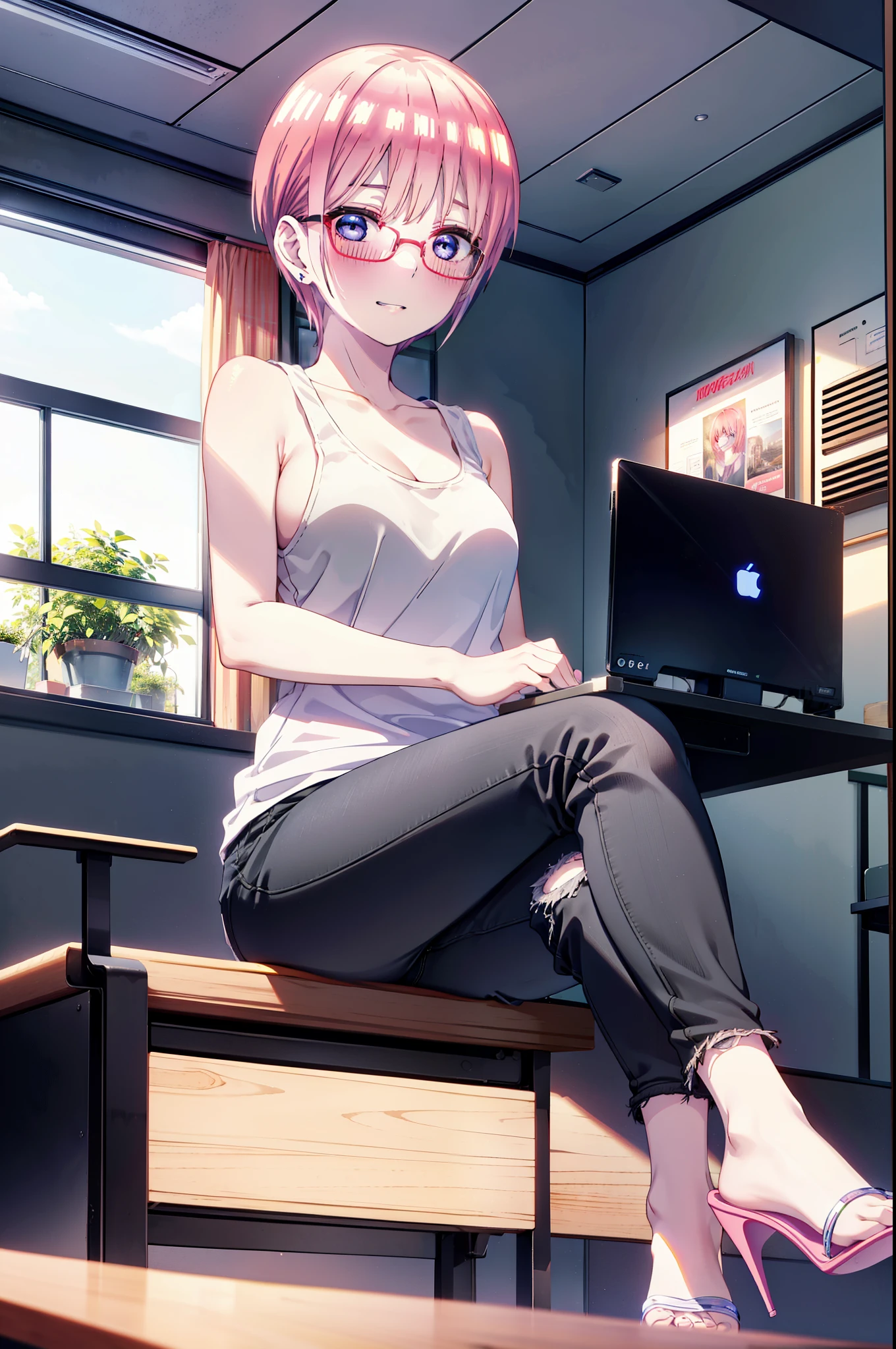 ichikanakano, Nakano Ichika, short hair, bangs, blue eyes, Hair between the eyes, Pink Hair, Grin,smile,Glasses,black tank top shirt,Skinny jeans,Stiletto heels,interior,There is a computer on the table,whole bodyがイラストに入るように,Walking,Daytime,Clear skies,
break indoors, office,
break looking at viewer,whole body,
break (masterpiece:1.2), Highest quality, High resolution, unity 8k wallpaper, (figure:0.8), (Beautiful attention to detail:1.6), Highly detailed face, Perfect lighting, Highly detailed CG, (Perfect hands, Perfect Anatomy),