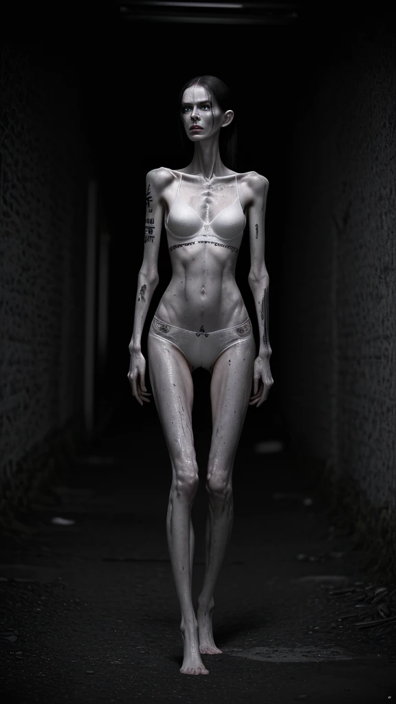 a very thin woman with a visible bones, pale white sweaty wet skin, wearing panties and bra, full body tattoo, having a mental breakdown in an underground prison, 8k, highly detailed, photorealistic, dramatic lighting, cinematic, award winning photography, moody atmosphere