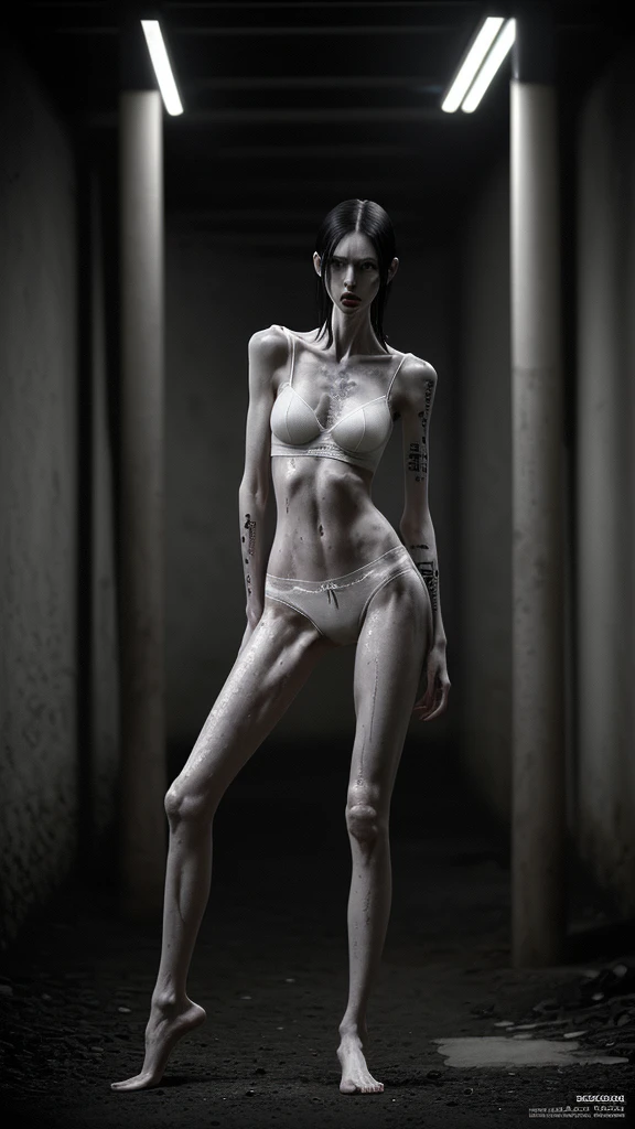 a very thin woman with a visible bones, pale white sweaty wet skin, wearing panties and bra, full body tattoo, having a mental breakdown in an underground prison, 8k, highly detailed, photorealistic, dramatic lighting, cinematic, award winning photography, moody atmosphere