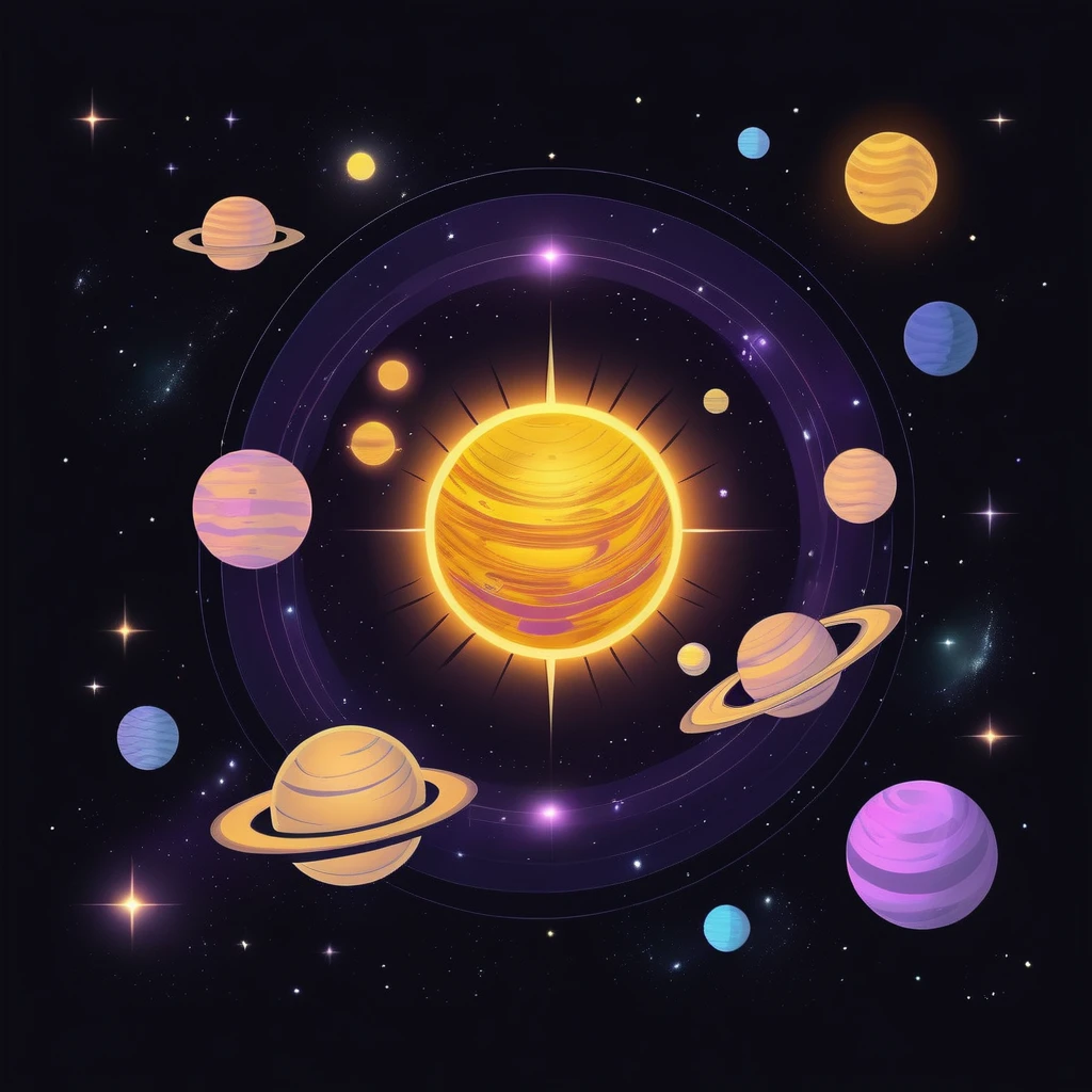 A very beautiful sun, in space with several planets in the background, yellow with purple colors