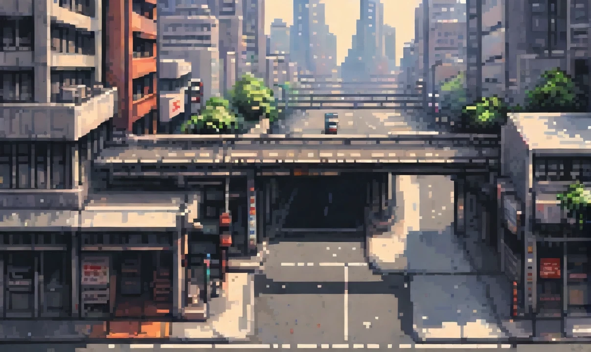 pixel art of an empty overpass in shinjuku city, in high quality