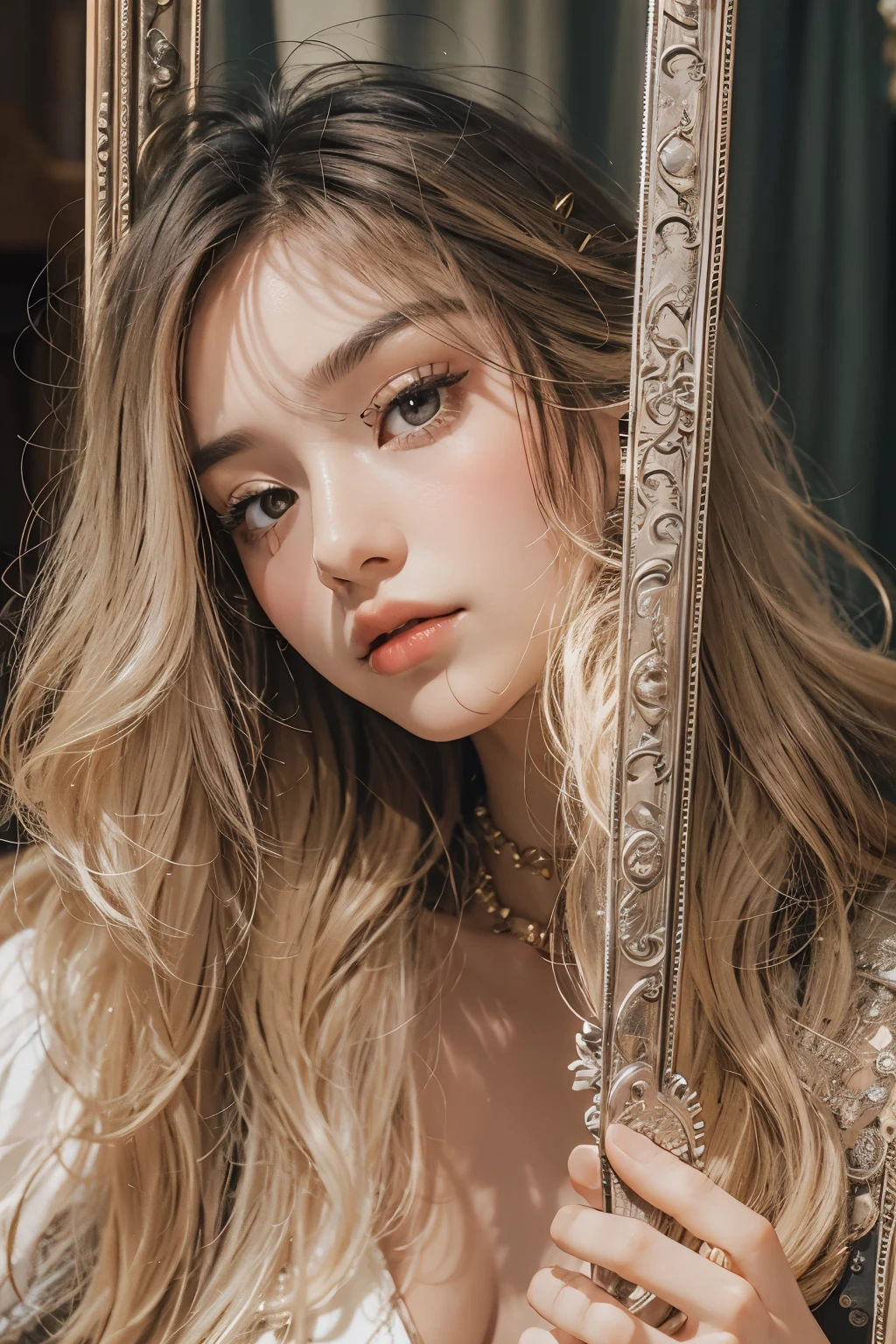 2 women with permed hair, twin, what makeup, without makeup, Centrally separated curtain bangs, Profile picture, Use Instagram Filters, Subtle soft and dim light, Pose looking back at the mirror, couple, perfect face, julia sardinian, perfect hands, Random behavior, (full_body),