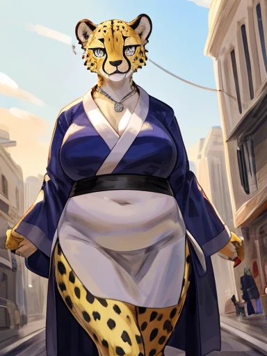 (((Detailed anatomy, detailed eyes, detailed body detailed face, best quality, high resolution))), solo, 1female, cheetah, young body, brown furs, no hair, fat, silver eyes, in the street, by K0bit0wani, by Buta99, by Buta99, Female cheetah, fat, fat belly, fat thighs, fat arms, lovehandles, chubby, big breasts, silver eyes, golden yellow fur, black cheetah markings, kimono, silver earrings, silver bracelets, silver rings, silver necklaces, seductive face and pose, looking down at viewer, low angle