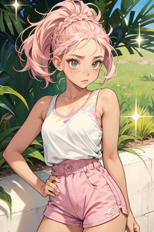 Spike has light tan skin and dark brown eyes. Her pink hair is worn up in four braids, accented with several small curls framing her face. She also has brown freckles and pale pink blushed cheeks. She wears white tank top says "03", pale green denim shorts. She also wears pink and white sneakers and a dark pink visor. SPARKLE; GLITTER