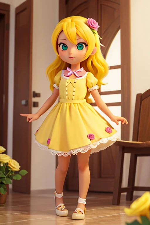 a pretty girl with yellow hair, Maria Chiquinha tied with ribbon, tanned light skin, greeneyes, slim, short simple dress with rose flowers.