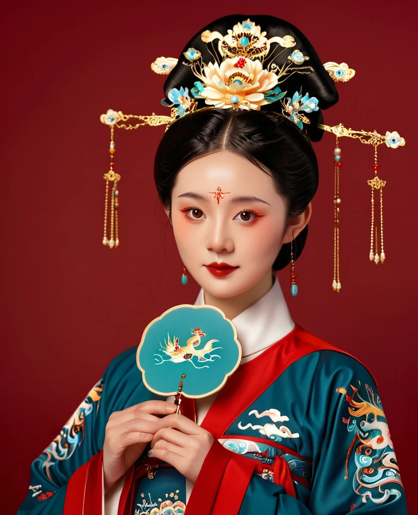 Chinese classical girl portrait，symmetry，Round Face，Bright Eyes，Smooth skin，Chinese Ming Han uniform,Phoenix Coronet，egotistical,Holding a Chinese round fan，Red clean background
