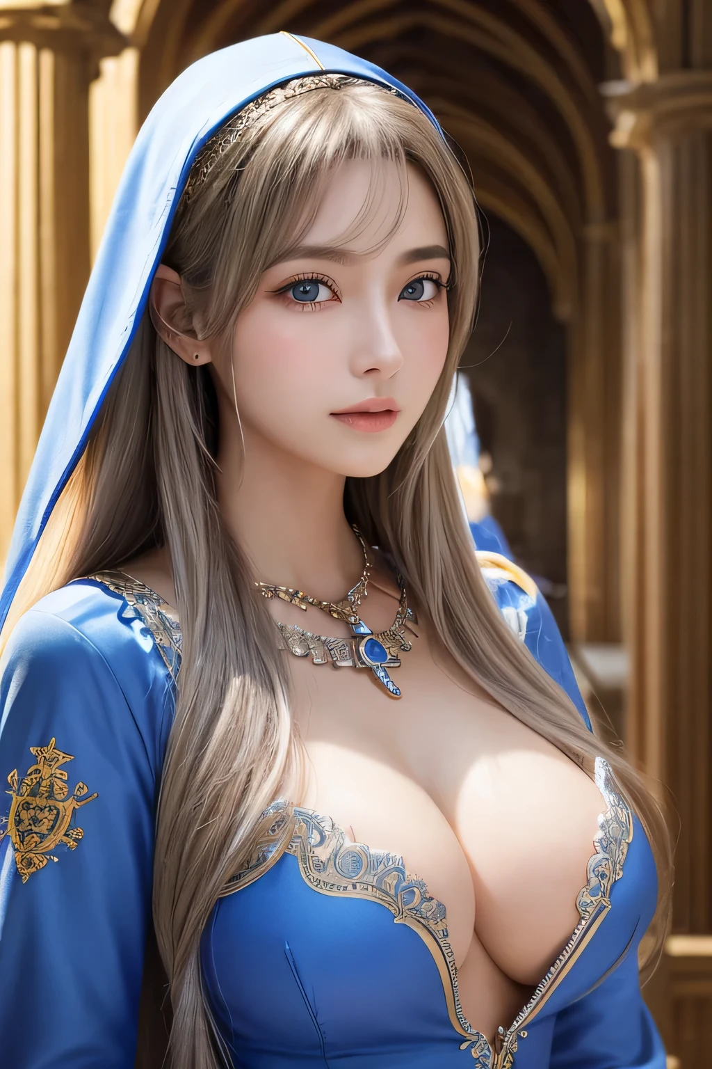 Non-NSFW、Realistic、Highest quality、Highest quality、masterpiece、Ultra-high resolution、RAW Photos、Realistic、Bright lighting、Face Light、Smooth Professional Lighting、Looking into the camera、alone、Adult female、Beautiful woman、Super Beauty、realistic skin、Moisturized Skin、Realistic eyes and faces、Perfect model body shape、Beautiful Eyes、Big eyes、Inconspicuous tear bags、slim、no good、Beautiful fingers、very long hair、Silver Hair、blue eyes、Looks happy、(Both ears are hidden by hair)、Fantasy World、Medieval Europe、saint、(((Holy Priestess)))、Inside the temple、(Saint&#39;s pure white costume:1.2), Small Ass, (Large Breasts:1.3),(venus&#39; Nipples:1.2), A konigsreuter, (front open white Priest's robe:1.6),(from behind:1.6)