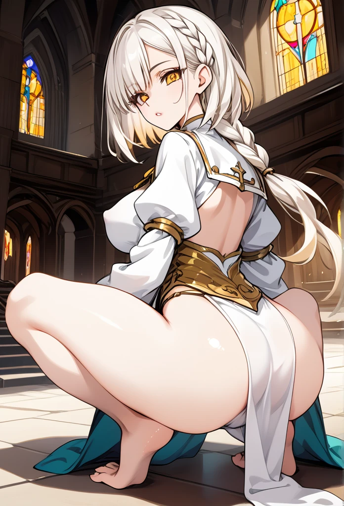 Mature woman, mature face, gentle face, glossy lips, golden eye color, golden eyes, gentle eyes, (braid hairstyle, bob hair, white hair, yellow gradient hair color, glossy hair), slender body, medium breast, thick thighs, saintess clothes, white clothes, white loincloth, (ass through clothing), church, crouching, view from above, back view