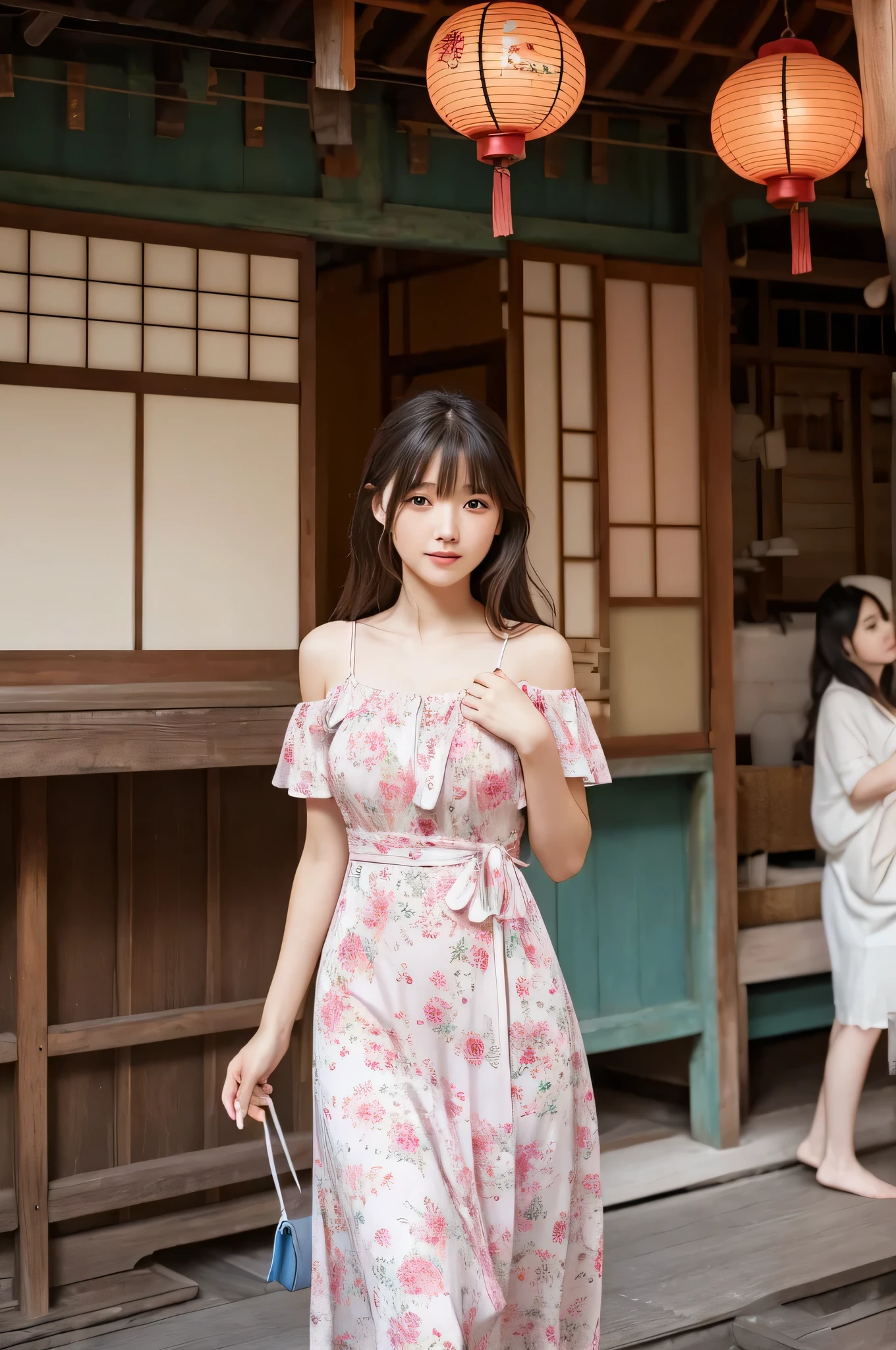 The image shows、A beautiful Japanese girl is shown。She stands against the backdrop of a traditional building.。The building is made of wood、The green vegetation is lush、Red lanterns are hung in a row。The windows and balconies of the building have yellow frames.、The overall color tone is warm and attractive.。Behind her are people who appear to be tourists.々Also seen、You can see that this place is a popular tourist destination.。she、She is wearing a light white dress with blue and pink floral print.。This dress is、Thin straps go over the shoulder、Deep open chest design、It accentuates her beautiful feminine curves.。The floral pattern on the dress、It blends in with the traditional Japanese architecture in the background.、It makes the beautiful girl's presence stand out even more.。Her face is very pretty、Her big eyes are as lively as those of an anime character.。Her hairstyle is simple and long.、My bangs are hanging over my forehead。She has big earrings on her ears、The accessories complement her look even more.。The earrings are set with blue stones.、It matches beautifully with the floral pattern of the dress.。Her expression is soft、Gives a calm and friendly impression。It looks like he's smiling a little、Gives the viewer a relaxing feeling。Her posture is relaxed、I have one hand on the wooden railing。This pose is natural、It blends in with the traditional atmosphere of the background.。The building in the background、It is decorated with colorful lanterns and green plants.、Highlights traditional Japanese beauty。The details of the building、You can see the traditional Japanese architecture.、You can feel the history and culture。Tourists in the background、It seems that they are enjoying the charm of the building.、The lively atmosphere is conveyed。From this whole image、A fusion of traditional Japanese beauty and modern beauty、It's a very fascinating scene。The beauty of a beautiful girl、The background scenery becomes one、Make a strong impression on the viewer。Her fashion、accessories、And the background is perfectly harmonized.、It's like a beautiful painting.。