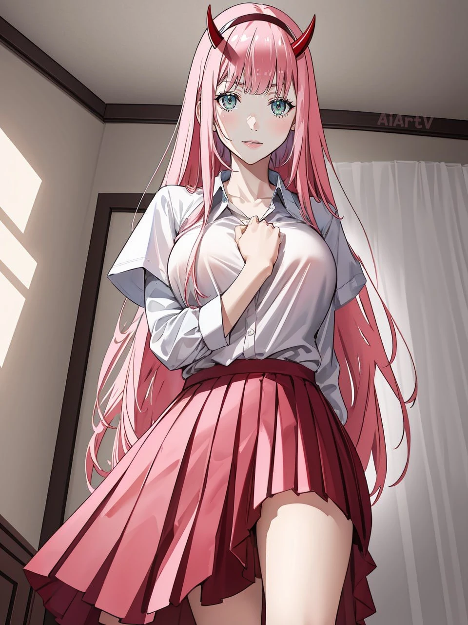 the woman takes off her shirt and has already taken off her pants