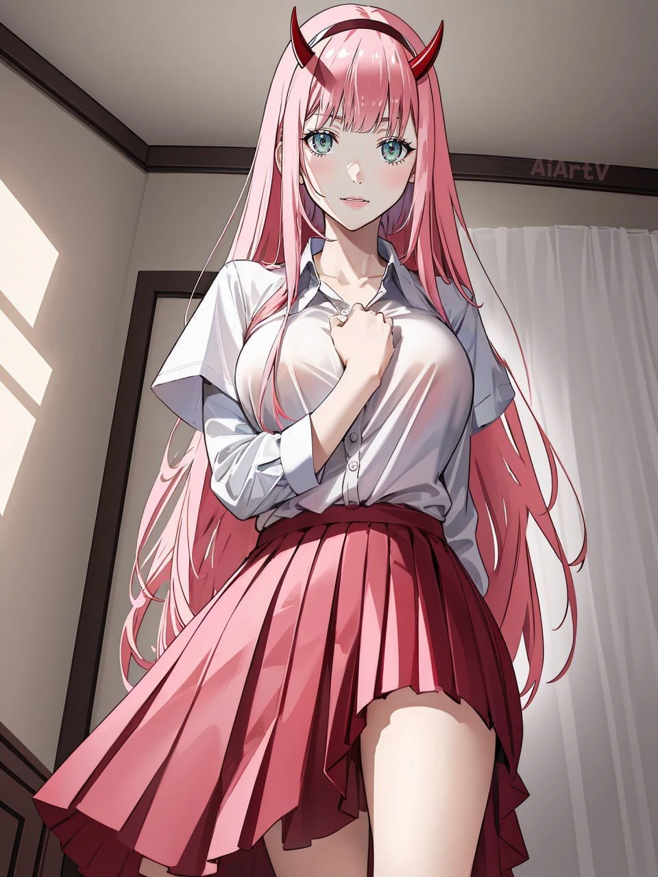 the woman takes off her shirt and has already taken off her pants