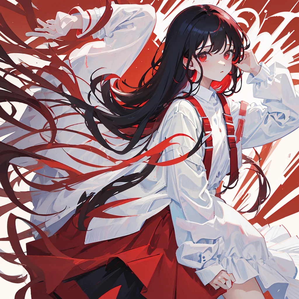 Two bits，Red hair and black hair，White clothes and red clothes，skirt，((Solid red background))
