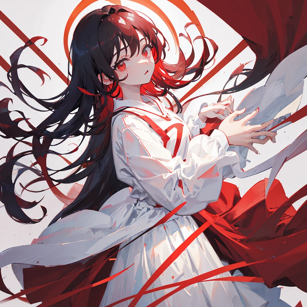 Two bits，Red hair and black hair，White clothes and red clothes，skirt，((Solid red background))