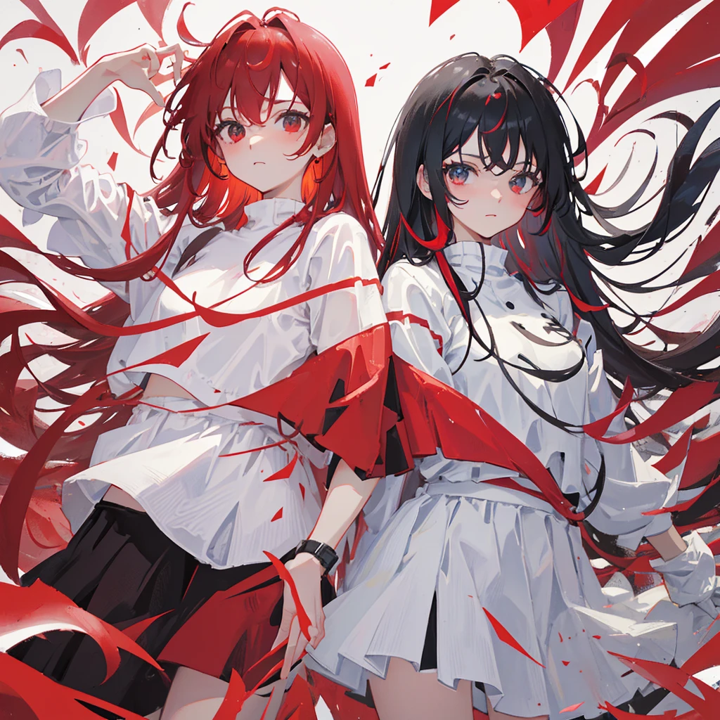 Two bits，Red hair and black hair，White clothes and red clothes，skirt，((Solid red background))