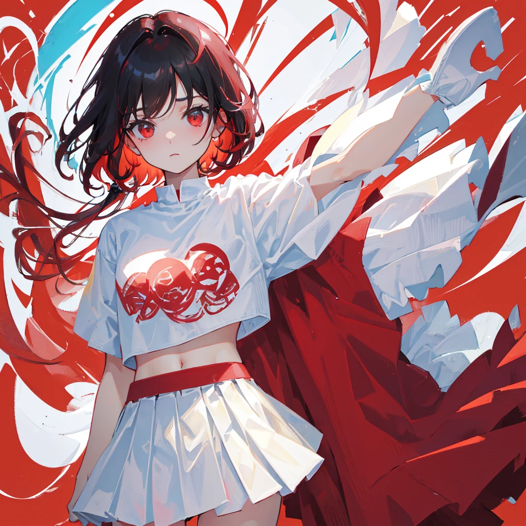 Two bits,Red hair and black hair,White clothes and red clothes,skirt,((Solid red background))