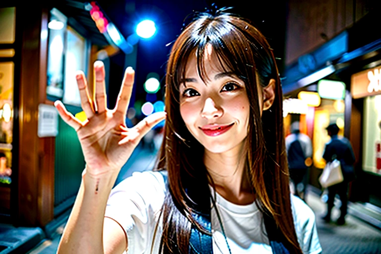 A woman in her twenties with long brown hair pointing with her index finger upwards, Photo of slim girl model, likeい日本人女性, Characteristics of Japan people, like々New charm, Attractive girl, Smiling、Highest quality、Professional photography