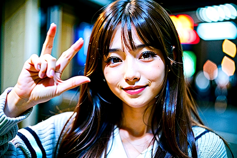 A woman in her twenties with long brown hair pointing with her index finger upwards, Photo of slim girl model, likeい日本人女性, Characteristics of Japan people, like々New charm, Attractive girl, Smiling、Highest quality、Professional photography