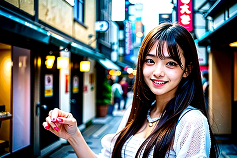 A woman in her twenties with long brown hair pointing with her index finger upwards, Photo of slim girl model, likeい日本人女性, Characteristics of Japan people, like々New charm, Attractive girl, Smiling、Highest quality、Professional photography