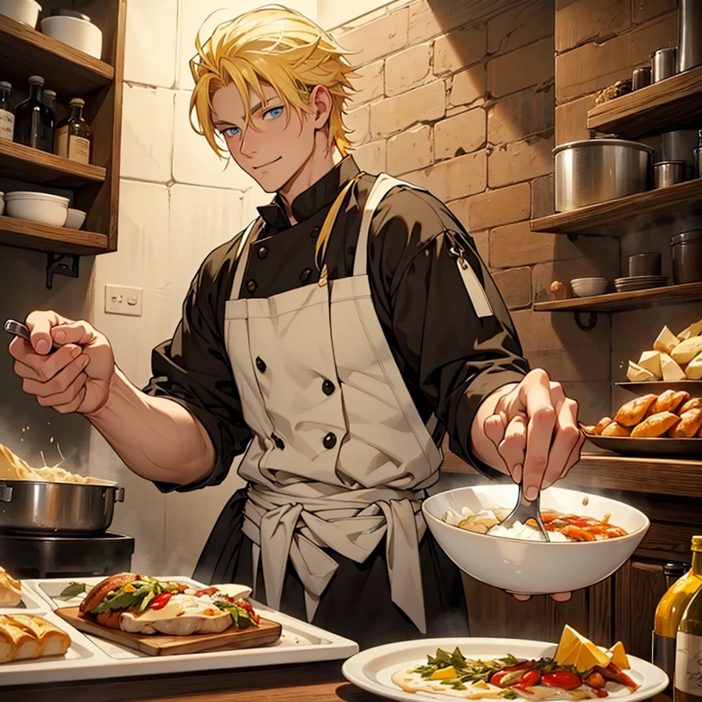 A 22 year old man, blond hair, yellow hair, blue eyes, chef's clothes, wearing a chef's hat, hands hidden, happy expression, medieval period, Ultra HD 4k, 4k, Ultra HD