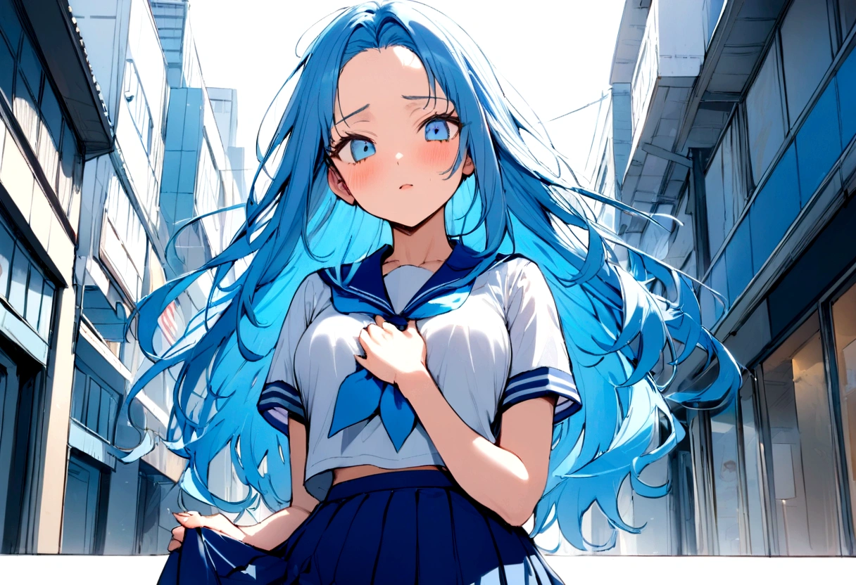 (standing, in the Fukuoka hakata city), (pov close up face) (solo:2, 15 yo forehead blue hair long hair lovely girl, lovely blue eyes), hand put on own chest, in a summer school sailor suit, skirt, BREAK, perfect anatomy, masterpiece, best quality, 16k, beautiful detailed grow, daydreaming expression.