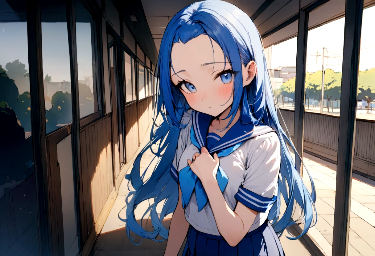 (standing, in the Fukuoka hakata city), (pov close up face) (solo:2,  yo forehead blue hair long hair lovely girl, lovely blue eyes), hand put on own chest, in a summer school sailor suit, skirt, BREAK, perfect anatomy, masterpiece, best quality, 16k, beautiful detailed grow, daydreaming expression.