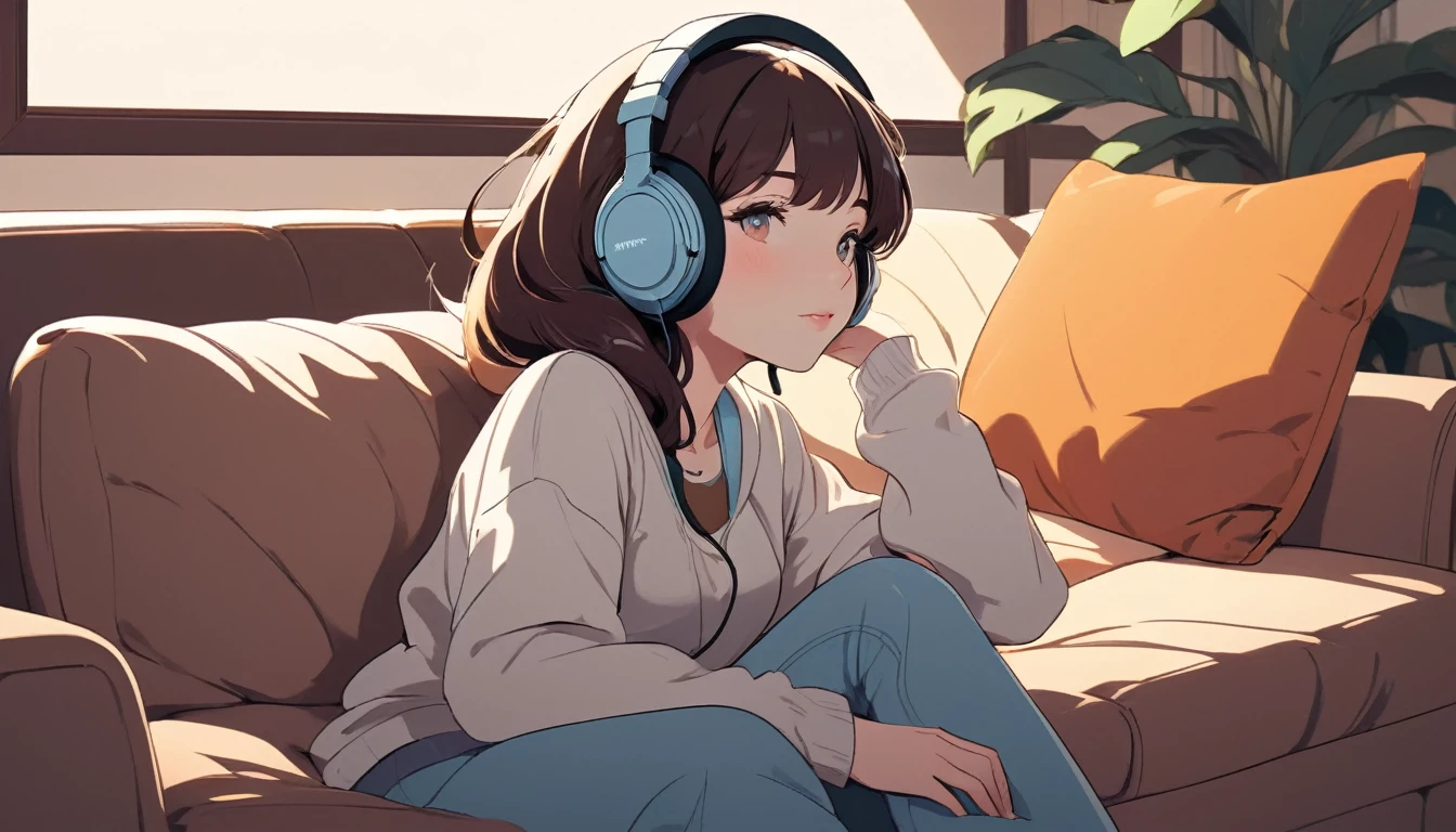 Sexy woman wearing headphones sitting comfortably on sofa, Wide-angle lens, Lofi Anime, Lofi illustration, Aesthetic atmosphere, Lo-Fi Style, Vector art, Flat Design, Simple shape, Warm tones, Pleasant atmosphere, Chill, In anime style, Digital drawing, Vector art, Vector logo for t-shirt printing, (Adorable:1.5), (small:1.4), (Playful:1.2), (soft:1.3), (Whimsical:1.1), masterpiece, Highest quality, 8K, Intricate details, grow, Celestial, Mysterious, Picturesque, amazing, Majestic, Magic, Fantasy art, Cover art, dream-like