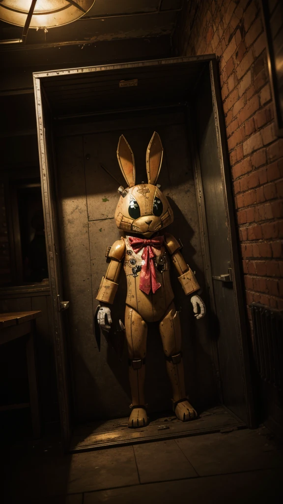 Springtrap, a mechanical rabbit suit with the suit half broken with little blood, holding a bloody knife and a human body trapped inside it. Scenery a pizzeria with blood with some bodies on the floor.