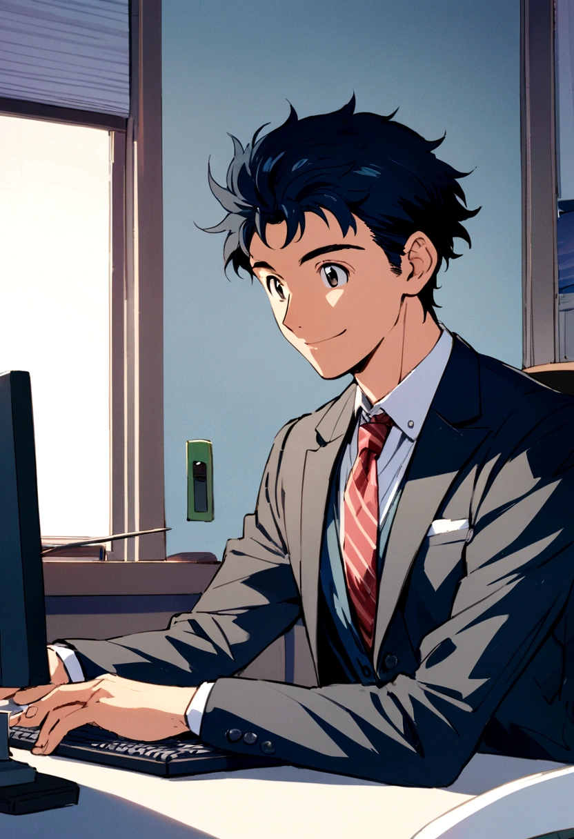 Ghibli anime characters,male,suit,smile,I'm using a computer,office,Short Hair,refreshing,Handsome