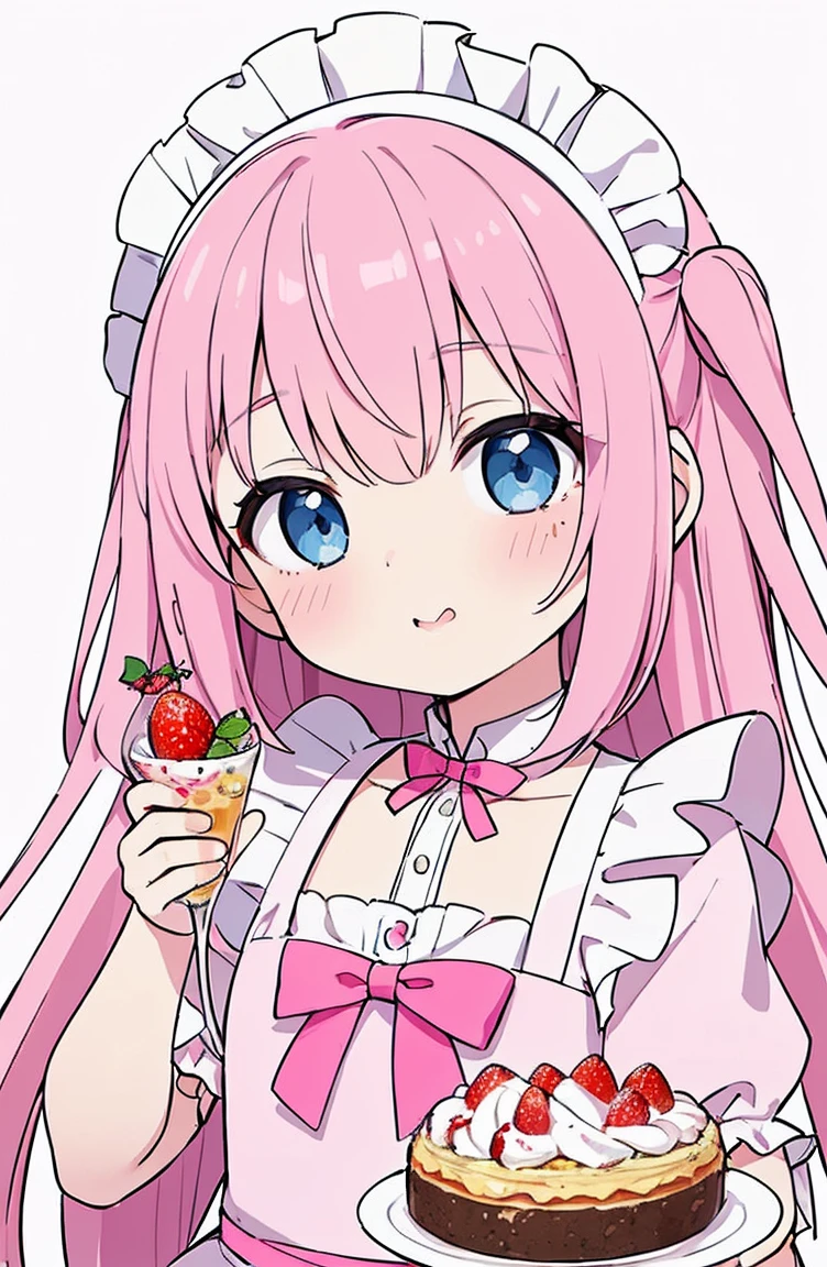 (masterpiece、Highest quality、Highest quality、Beautiful and aesthetic:1.2)、Droopy eyes、White Tone、Wavy Hair、One Girl、Bibi-chan、(Digital anime art:1.Blue Eyes、Pink Hair、イチゴ🍓の髪飾り、A cute pink maid outfit reminiscent of a strawberry parfait、Pink flavor