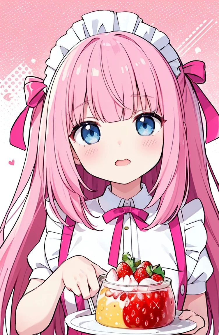 (masterpiece、Highest quality、Highest quality、Beautiful and aesthetic:1.2)、Droopy eyes、White Tone、Wavy Hair、One Girl、Bibi-chan、(Digital anime art:1.Blue Eyes、Pink Hair、イチゴ🍓の髪飾り、A cute pink maid outfit reminiscent of a strawberry parfait、Pink flavor