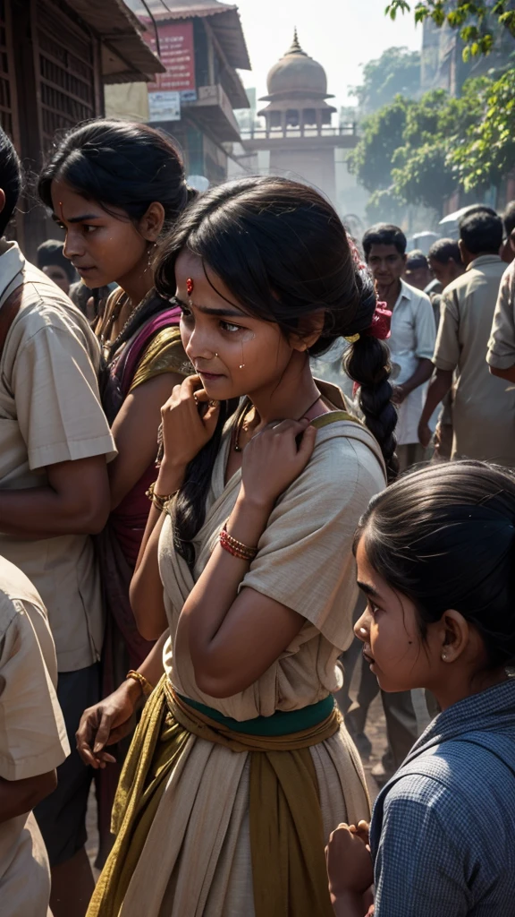 Old India, many Brahmins are dragging a 25 year old widow girl by her hair in front of everyone, mornig outdoor, cinematic, girl crying