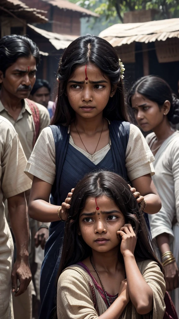 Old India, many Brahmins are dragging a 25 year old widow girl by her hair in front of everyone, mornig outdoor, cinematic, girl crying 