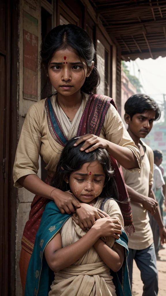 Old India, many Brahmins are dragging a 25 year old widow girl by her hair in front of everyone, mornig outdoor, cinematic, girl crying