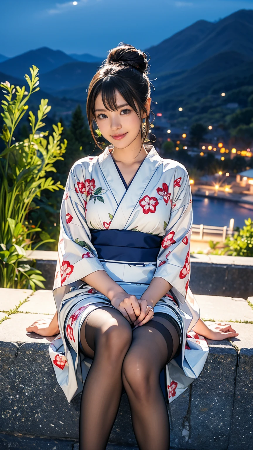 ((masterpiece)),(((Highest quality))),((Character design sheet)),Thin thighs,Long legs,whole body:1.5,(One Girl:1.3),(Viewer Display:1.4),(Transparent pantyhose and pointy heels,, :1.3),(Sitting on top of a mountain:1.2),(Wearing a floral and plant dress:1.2),Short, flowing golden hair:1.2),With legs apart:1.5,((masterpiece)),(((Highest quality))),((Character design sheet)),A Japanese yukata with a bright floral and flower pattern in a combination of light blue and navy blue.:1.5,Stylish sandals:1.5,The best smile:1.5,Upper Body Shot:1.5,Night fireworks background:1.5,Flashy makeup with red eyeshadow:1.5,Bun Hair:1.5,