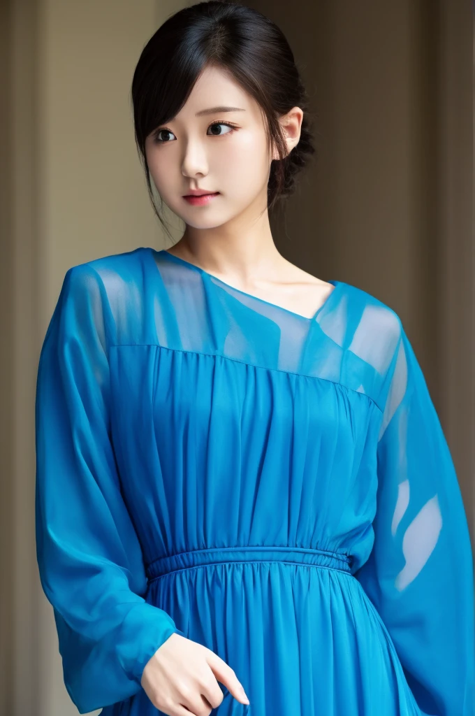 The image shows、美しい日本人美少女but、緑豊かな庭園の中に立っている姿but映し出されています。she、She wears a bold dress made of vibrant blue and transparent material.。このThe dress is、Cross back design、前面に大きなカットアウトbutあり、花柄の装飾but施されています。Her skin is smooth and、透明感のある白さbut際立っています。Her expression is calm、It&#39;s like being in harmony with nature。彼女の髪型は前髪butあり、ストレートな黒髪but肩にかかる長さです。Her hair is simply tied up、Enhances the beauty of the face。Her big eyes are as lively as an anime character&#39;s.、Surrounding flowers々It creates a beautiful contrast with。In the background、色とりどりのRosesbut咲き誇り、緑の葉but彼女の後ろに広butっています。hereby、彼女の美しさbutさらに際立っています。The dress is、青い花柄but透明な素材の上にあしらわれ、エレガントでありなbutらセクシーな印象を与えます。このThe dress is体のラインを強調し、It highlights her style。her pose is relaxed、Bend one arm slightly and place it along your body.、The other hand is naturally lowered。hereby、彼女の自信と落ち着いた雰囲気but伝わってきます。The garden in the background、Beautifully maintained, like a painting。Roses々Hasama々In a variety of colors、White or pink、赤などbut混ざり合っています。Flowers that bloom as if hidden among green leaves々but、It creates the perfect backdrop for her.。The overall color tone is、青と緑but主で、It emphasizes the silence and beauty of nature.。This image is、It symbolizes the harmony between Japanese aesthetics and nature.、Make a strong impression on the viewer。The delicate and beautiful figure of a beautiful girl、背景の緑豊かな庭園but一体となり、It creates a dream-like scene.。