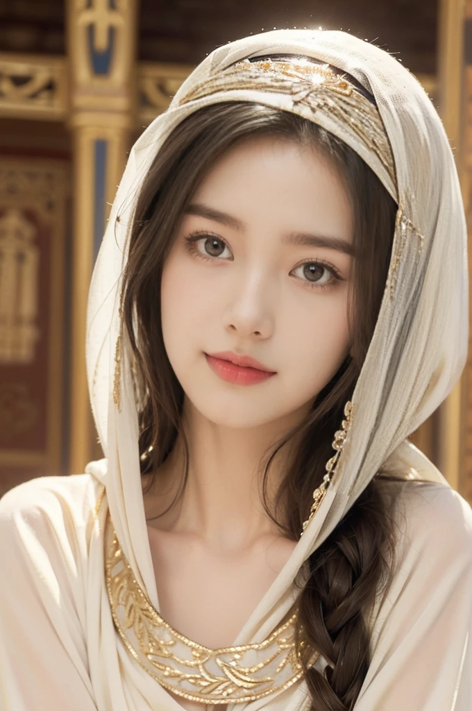(((best quality))),(((ultra detailed))),(((masterpiece))),illustration,1girl, solo,princess, Arabic,slim,thin,flat chest,small breasts, palace, desert, gold, gemstones,headscarf, veil on face,traditional clothing, hairband, deep eyes, elegant face, subtle smile, sunlight, shining, serene, environment, illustration,upper body,from front
