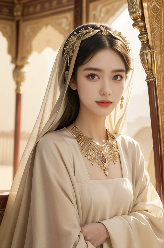 (((best quality))),(((ultra detailed))),(((masterpiece))),illustration,1girl, solo,princess, Arabic,slim,thin,flat chest,small breasts, palace, desert, gold, gemstones,headscarf, veil on face,traditional clothing, hairband, deep eyes, elegant face, subtle smile, sunlight, shining, serene, environment, illustration,upper body,from front
