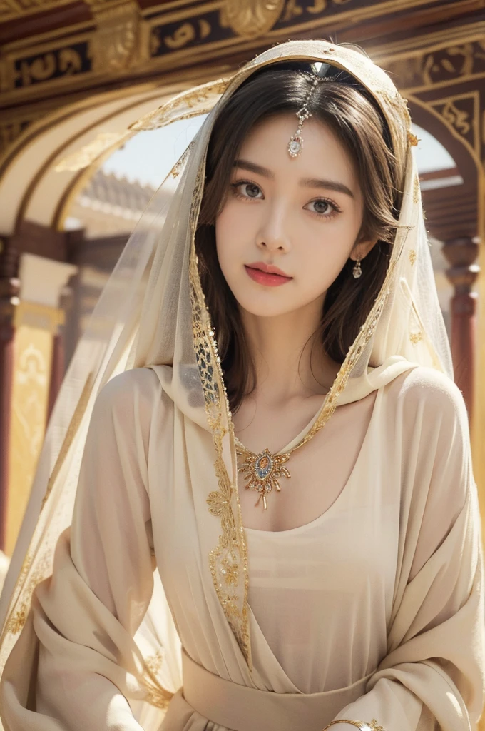 (((best quality))),(((ultra detailed))),(((masterpiece))),illustration,1girl, solo,princess, Arabic,slim,thin,flat chest,small breasts, palace, desert, gold, gemstones,headscarf, veil on face,traditional clothing, hairband, deep eyes, elegant face, subtle smile, sunlight, shining, serene, environment, illustration,upper body,from front
