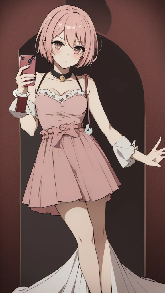 Anime woman with short pink hair taking pictures with cellphone, blushing