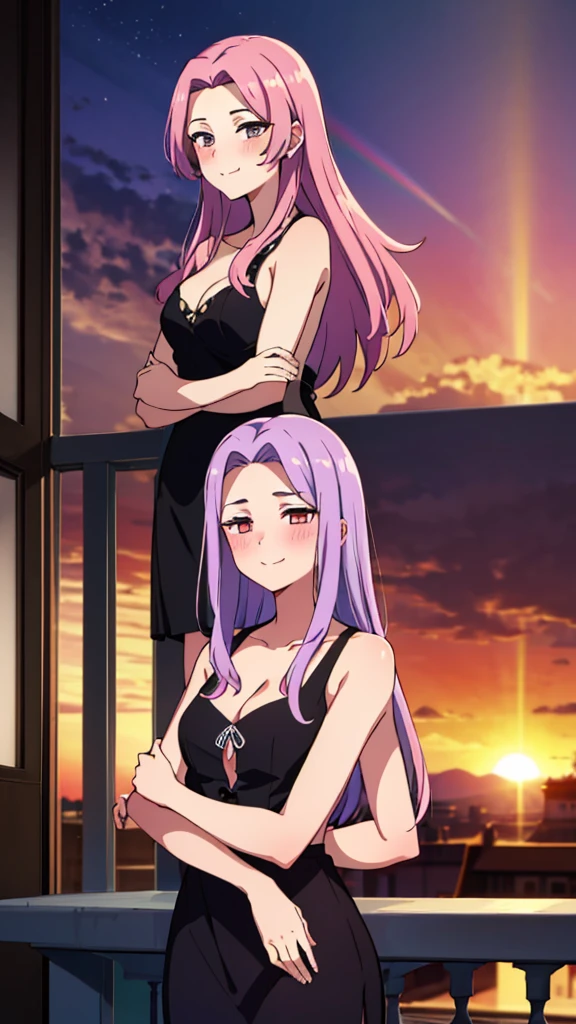 (1girl,20 years old),rainbow hair,long hair,medusa hair,black dress, sleeveless,bare shoulders,smile,blush,extra arms,four arms,cleavage,looking at view,sunset,village,on the balcony of a mansion,