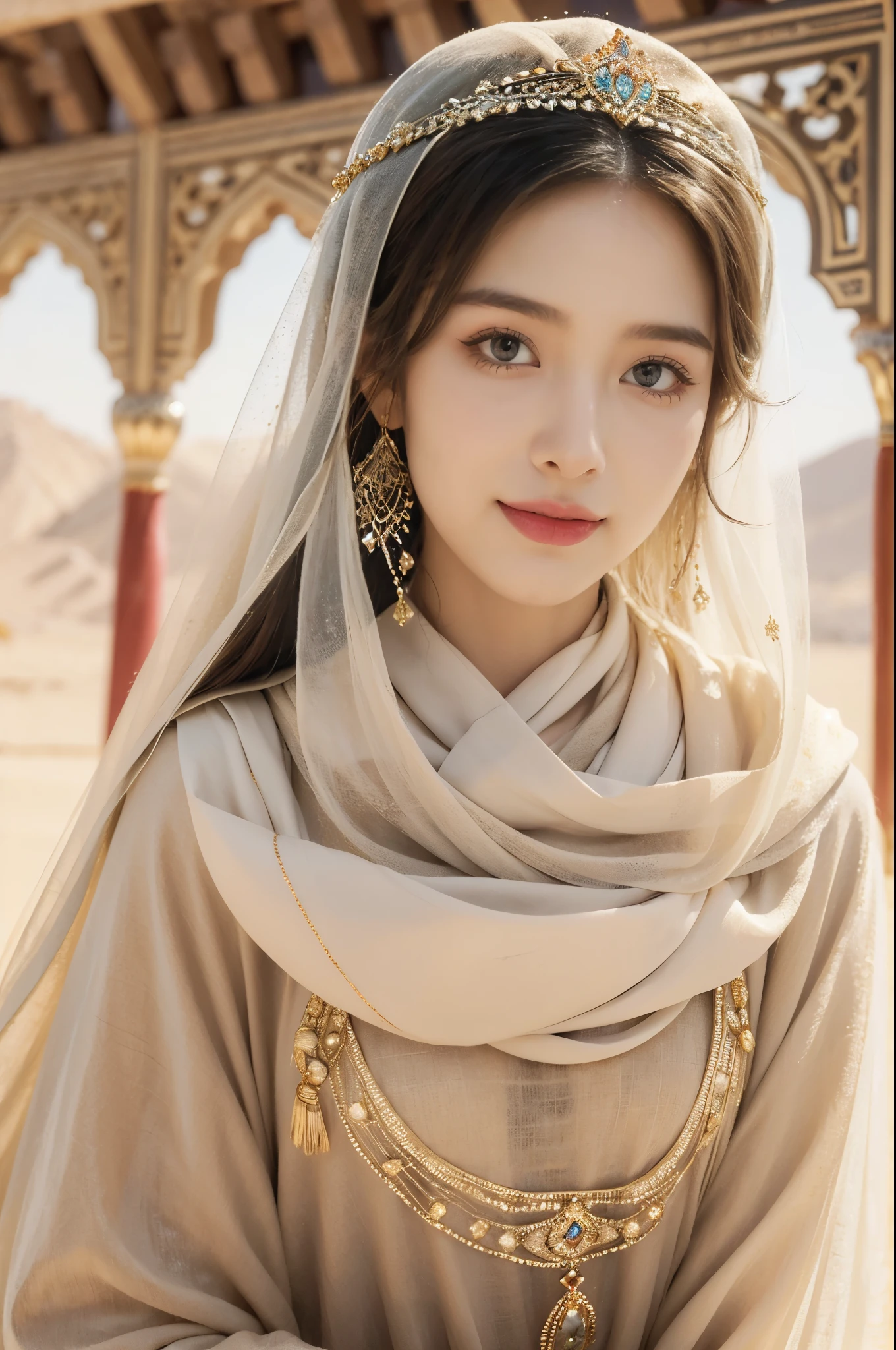 (((best quality))),(((ultra detailed))),(((masterpiece))),illustration,1girl, princess, Arabic, palace, desert, gold, gemstones,headscarf, veil on face,traditional clothing, hairband, deep eyes, elegant face, subtle smile, sunlight, shining, serene, environment, illustration
