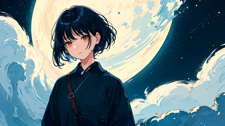 Create an illustration of a girl with short black hair, The girl looks about 18 years old.. The girl has a calm expression. The background is dark、Add subtle elements that allude to the night, Faint stars and moons. The overall style should be soft and sentimental., Full of stars、Night City