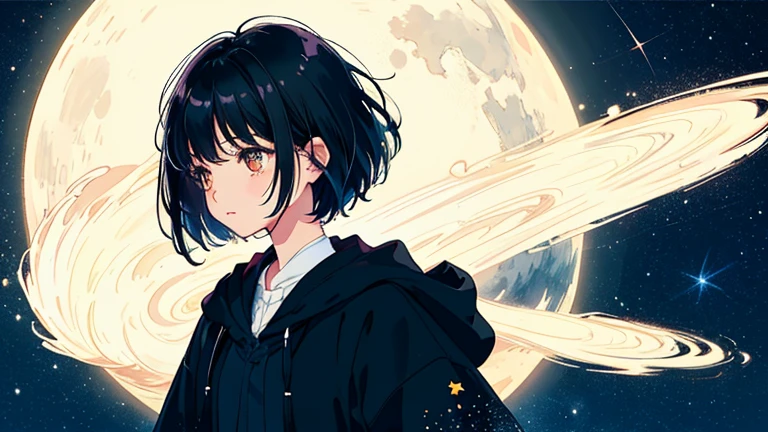 Create an illustration of a girl with short black hair, The girl looks about 18 years old.. The girl has a calm expression. The background is dark、Add subtle elements that allude to the night, Faint stars and moons. The overall style should be soft and sentimental., Full of stars、Night City