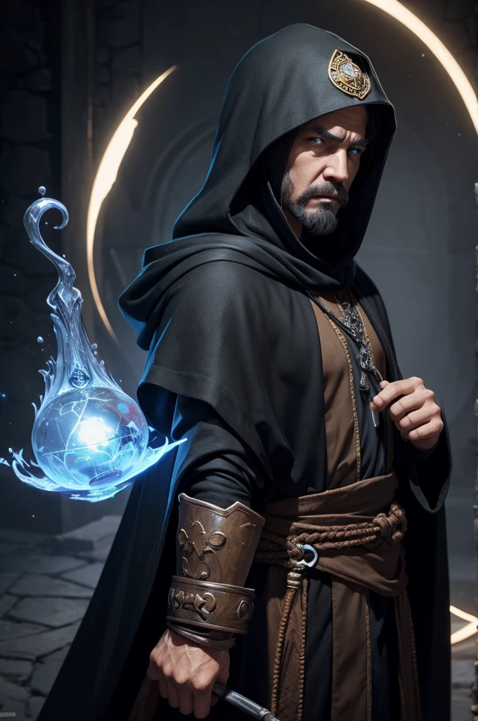 Game character a wise man with black hood and wizard&#39;s clothing with black hair and brown eyes holding a katana 