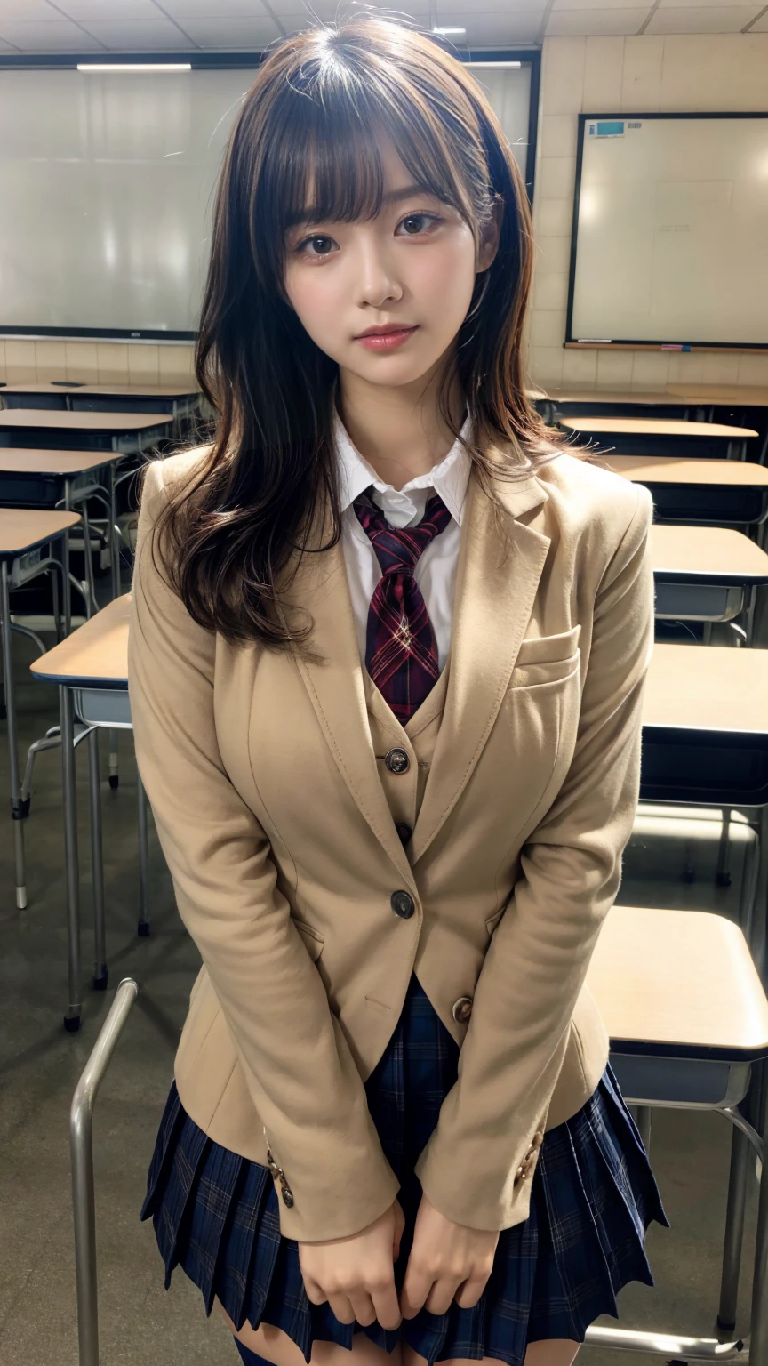 (8K, RAW Photos, Highest quality, masterpiece:1.2), masterpiece, super detailed, super high quality, (Realistic and photorealistic photography:1. 37), High-resolution RAW color photos, Very delicate and beautiful, highly detailed, 8k wallpaper, wonderful, detailed, Very eye, very detailed, very detailed skin, very thin fingers, very detailed nose, very detailed mouth, Perfect Anatomy, BREAK,18 year old girl, short bob hair, huge breasts, (colossal tits:1.1), very huge round breasts, (perfect body shape:1.1), Big Natural Color Lip, cute type, lolita, (Details High quality, realistic depiction of eyes:1.3), Beautiful makeup, glitter makeup, BREAK, High school girl uniform, blazer, Super Short Check Uniform Skirt, Navy blue high socks, Disturbed uniform, BREAK, (High School Classroom:1.2), bold sexy pose, hposing Gravure Idol, full body photo