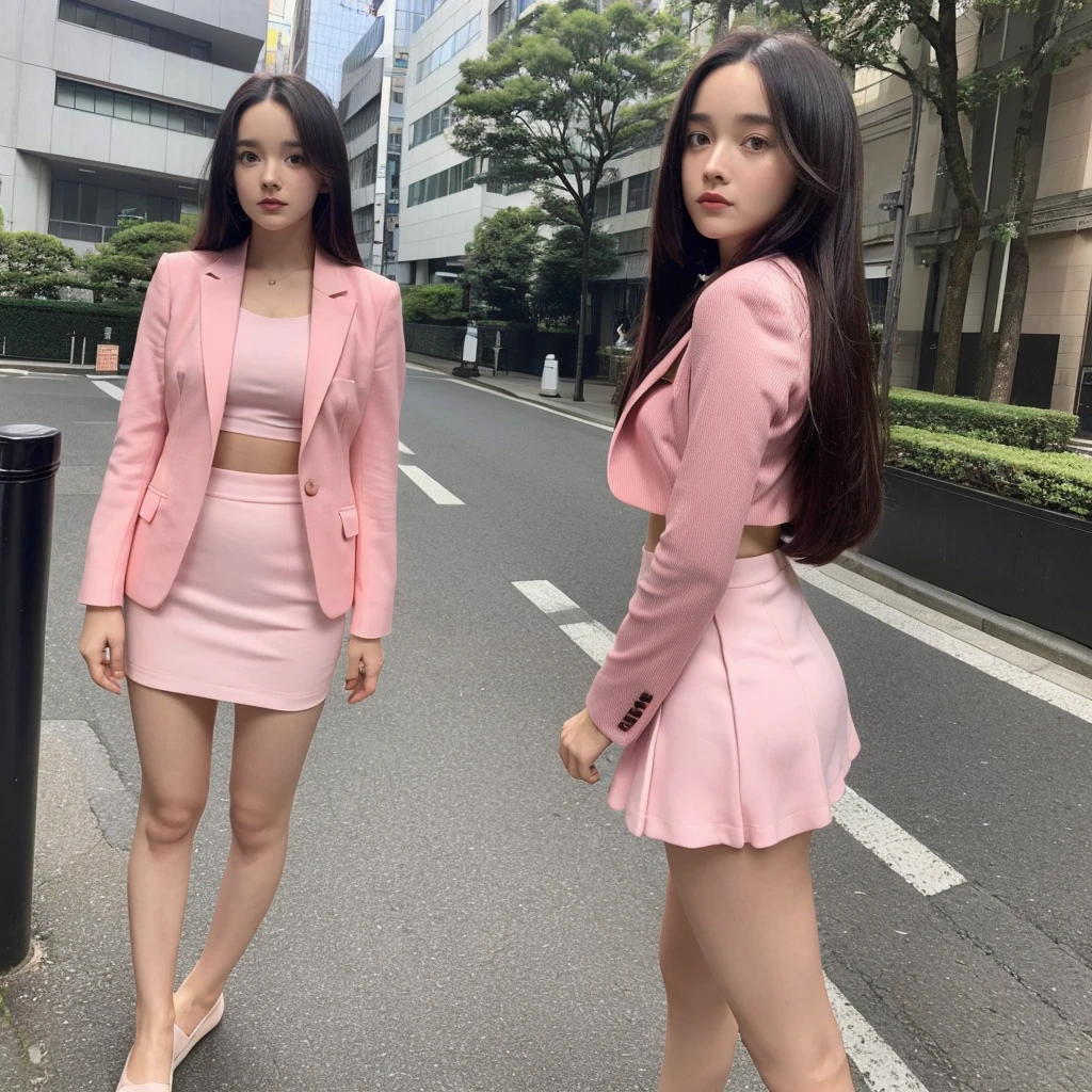 Front view,1 girl,solo,(((Anne-Marie Alto))) ,long hair, wear a tight pink suit, tight skirt ,(short skirt),looking at camera,25 years old, (((Anne-Marie Alto))), in the Tokyo city